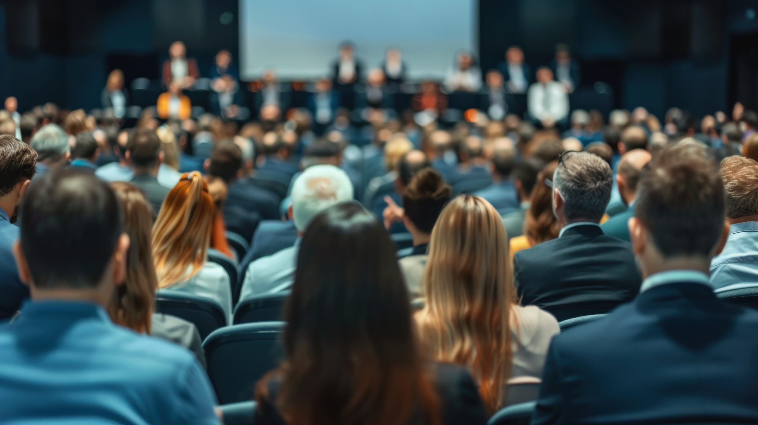 Back view of Abstract blurred photo of conference hall or seminar room with attendee background.